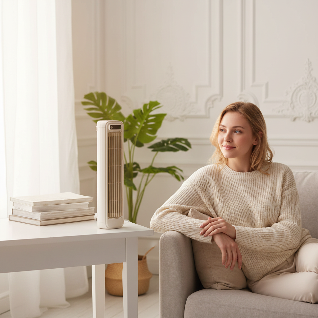 Ventilateur Colonne Portable Sans Fil — Silencieux, 12h d'Autonomie, Sans Perçage