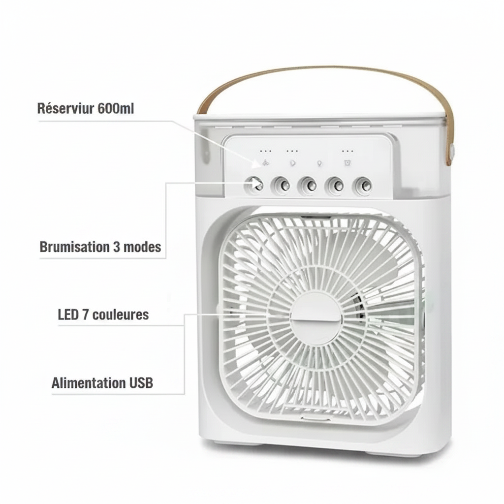 Mini Climatiseur 3-en-1 — Ventilateur, Humidificateur & Lumière LED 7 Couleurs