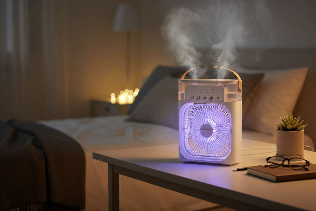 Mini Climatiseur 3-en-1 — Ventilateur, Humidificateur & Lumière LED 7 Couleurs